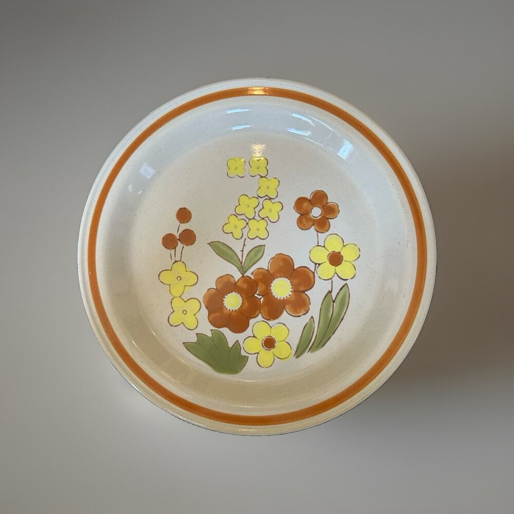 7 Counterpoint Stoneware Orange Yellow Floral Plates Mountain Flowers 7.5” Japan